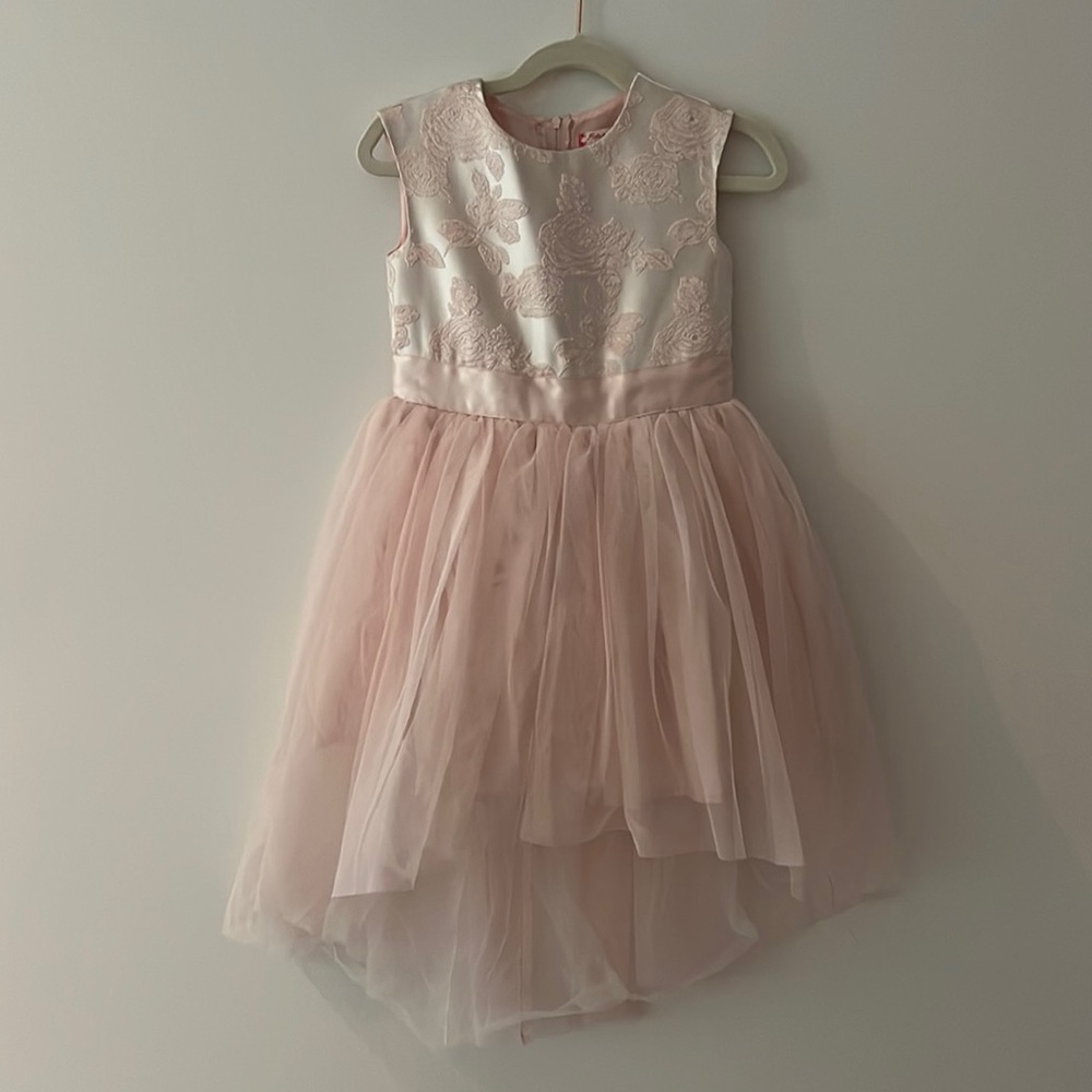Girls Ruby & Bloom pink party dress. Floral detail with tulle hi-low bottom